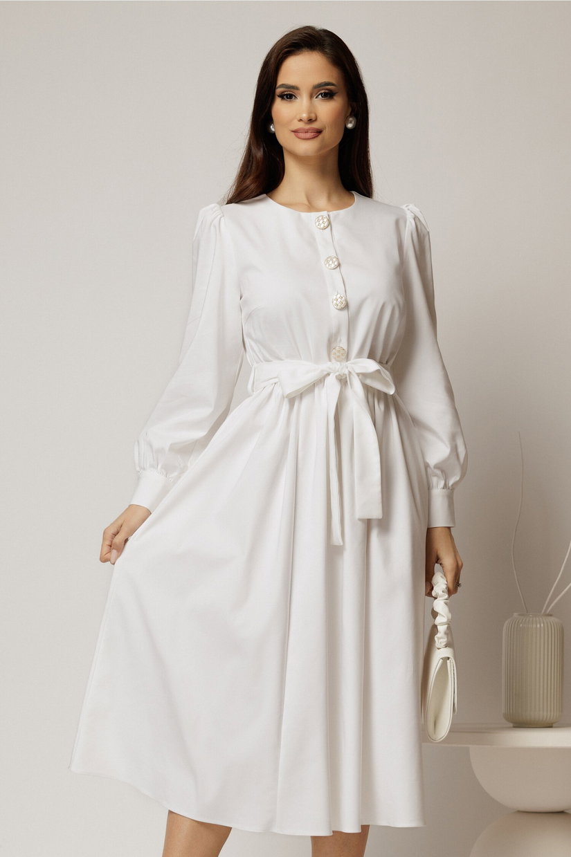 Rochie DY Fashion midi alba din bumbac cu nasturi pe bust si cordon in talie