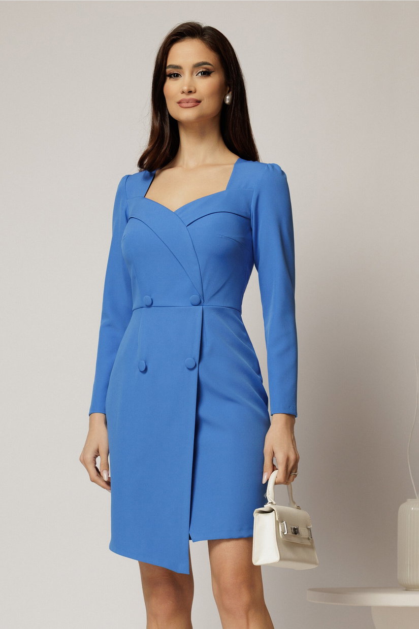 Rochie scurta albastra cu maneci lungi si nasturi imbracati