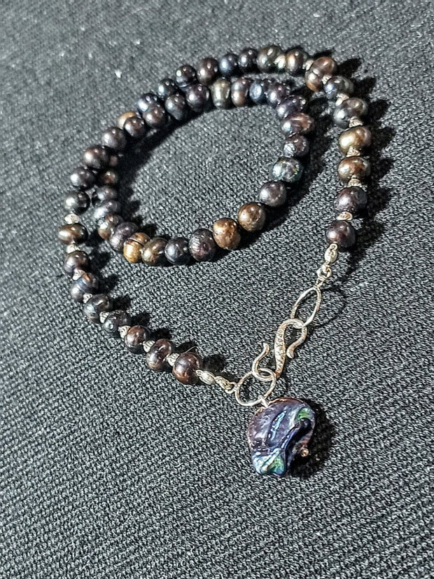 Colier argint perle naturale de cultura negre irizatii perla naturala de cultura baroc boho chic trendy - Transport gratuit