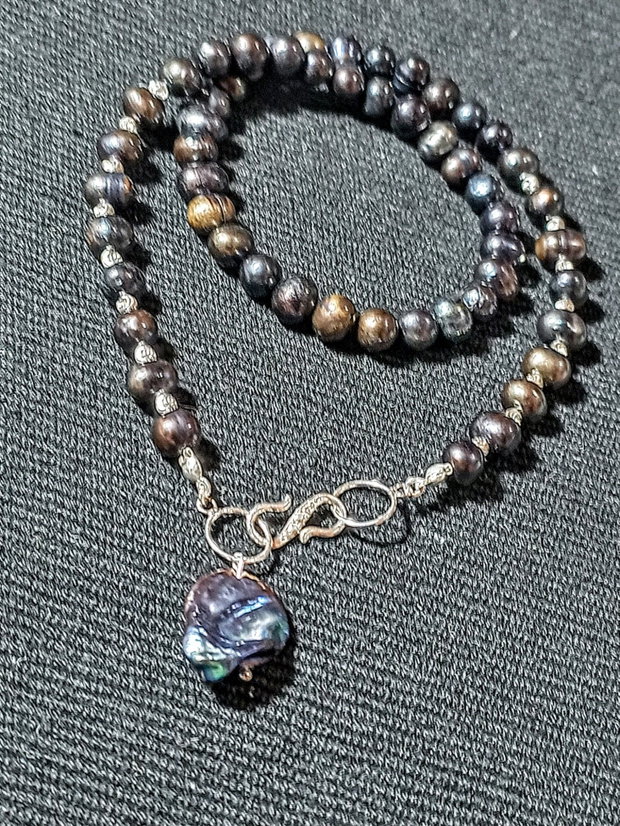 Colier argint perle naturale de cultura negre irizatii perla naturala de cultura baroc boho chic trendy - Transport gratuit