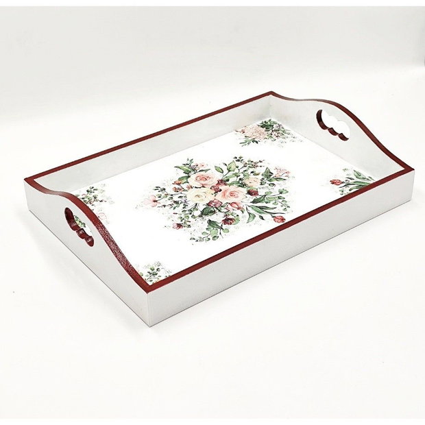 Tava decorativa din lemn cu model floral, 35 x 25 cm, 4626