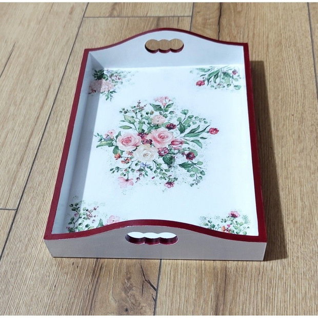 Tava decorativa din lemn cu model floral, 35 x 25 cm, 4626