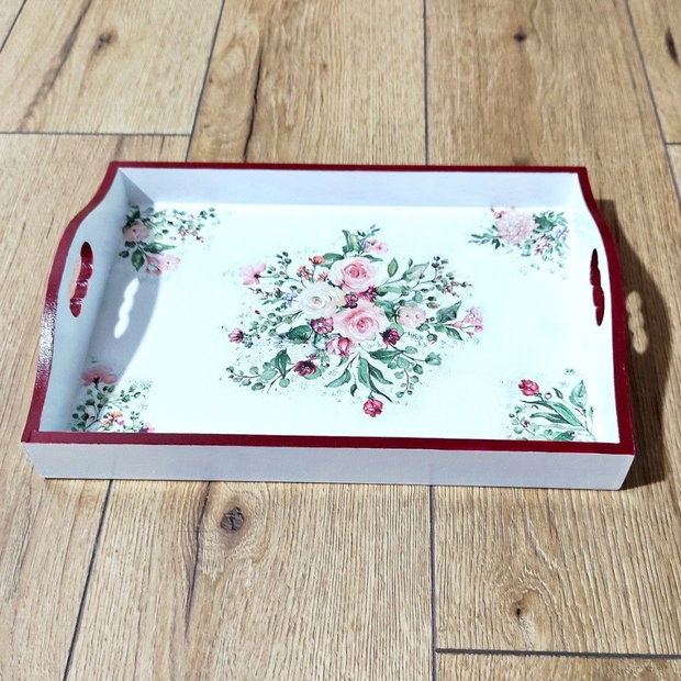 Tava decorativa din lemn cu model floral, 35 x 25 cm, 4626