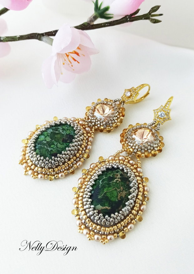 Cercei cristale Swarovski, ocean jasp, tortite argint aurit cu zirconii