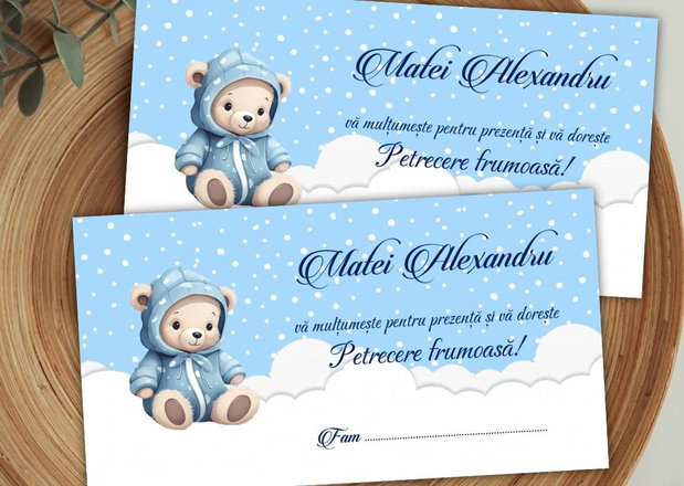 Plicuri bani botez Ursuleț pe fundal bleu