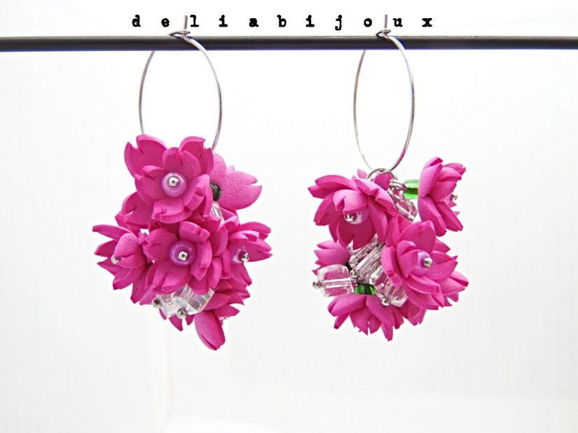 Cercei handmade, lungi cu flori ciclam (cod1393)