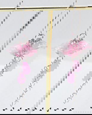 Cercei handmade, lungi cu flori de sticla roz (cod1395)