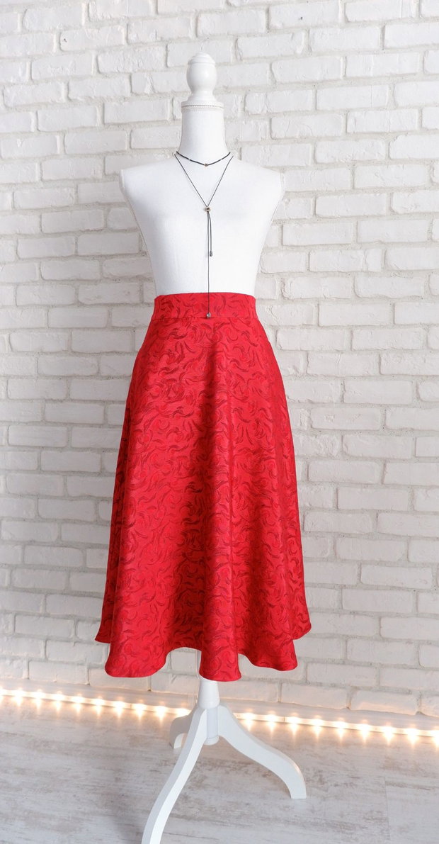 Fusta Midi Eleganta Jacquard Rosu