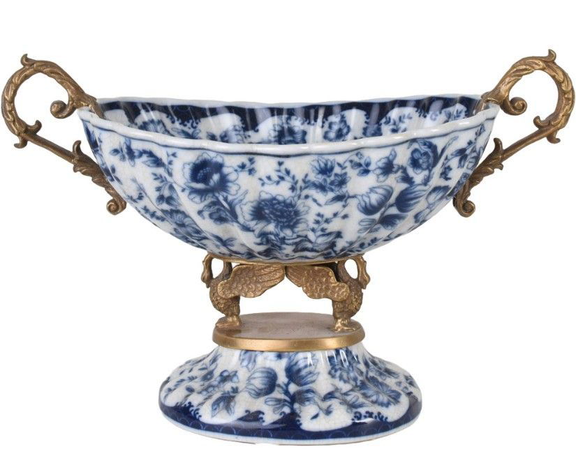 Fructiera din portelan Craquelle cu lebede din bronz