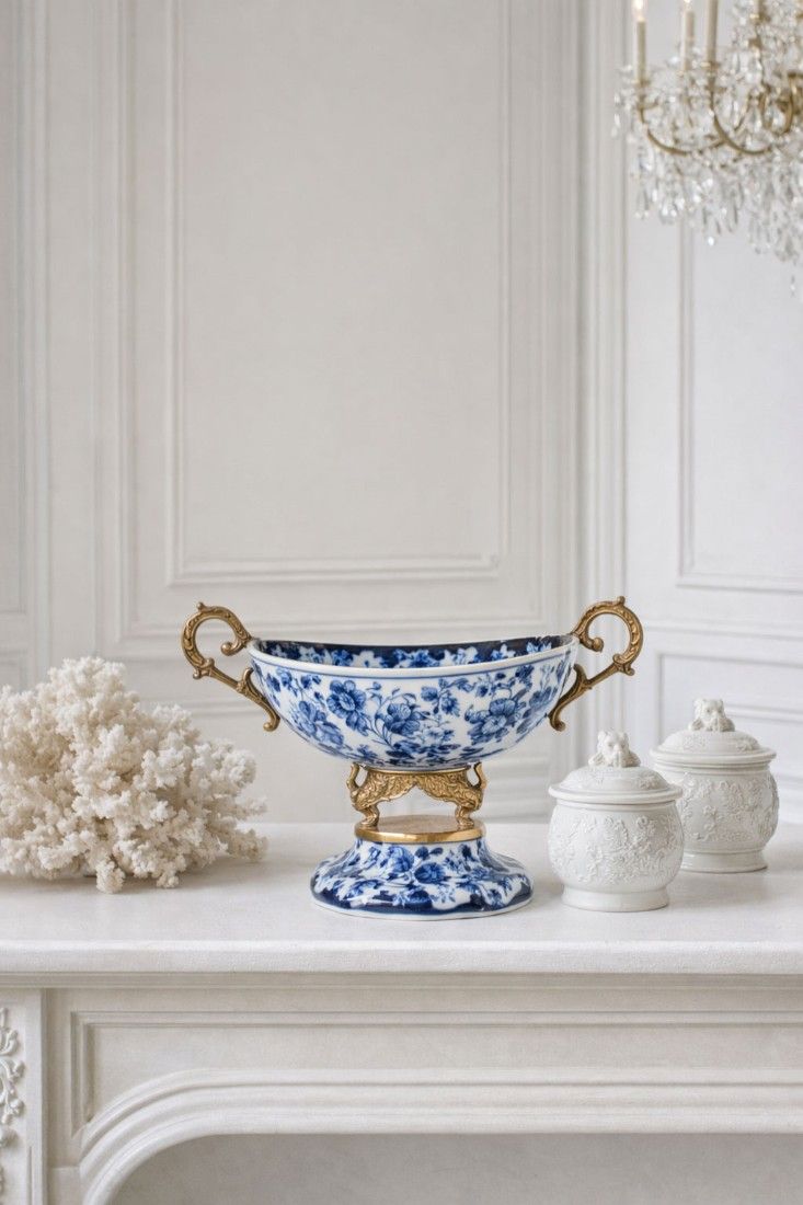 Fructiera din portelan Craquelle cu lebede din bronz