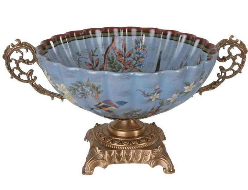 Fructiera din portelan Craquelle cu picior din bronz