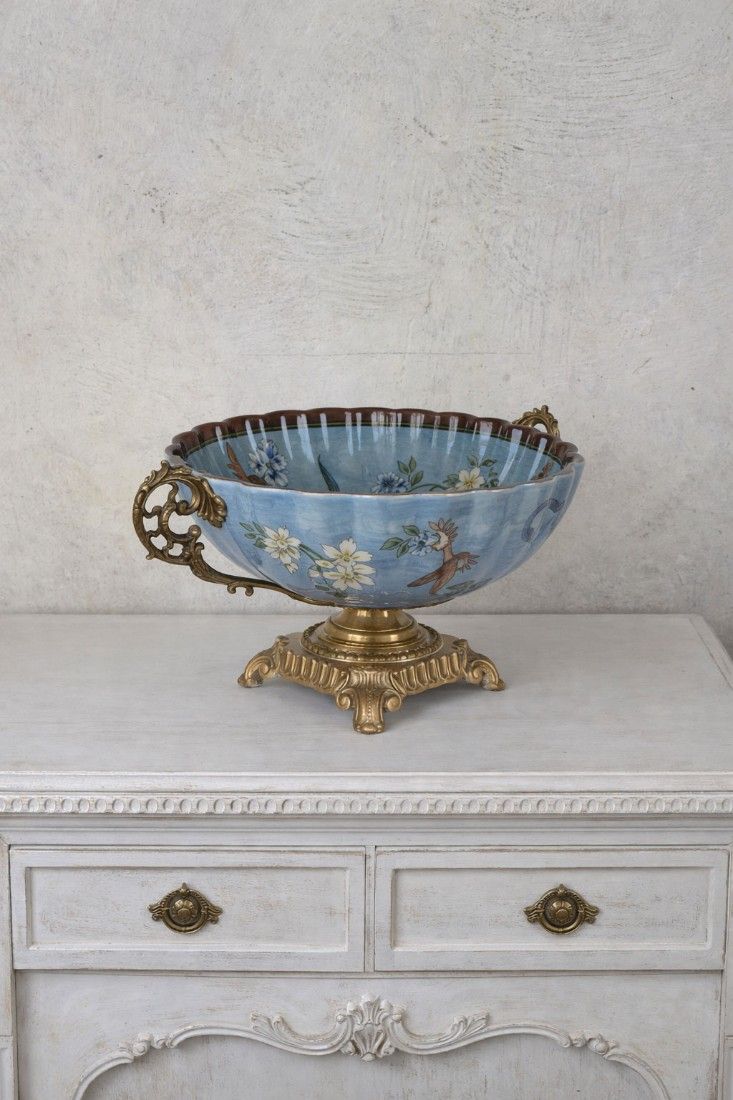 Fructiera din portelan Craquelle cu picior din bronz