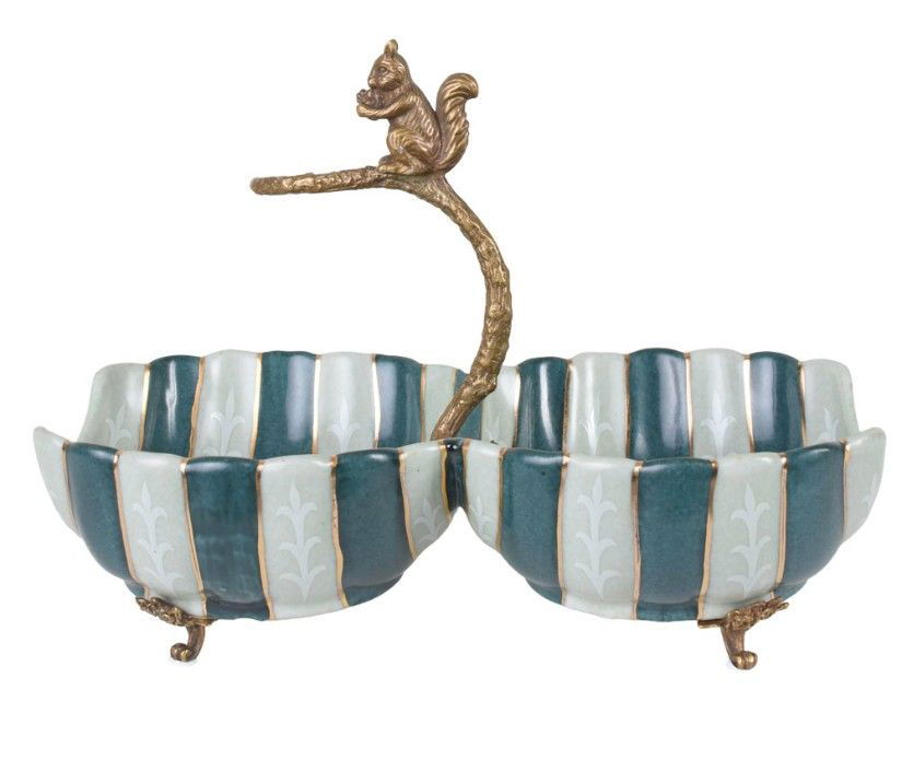 Fructiera dubla din portelan Craquelle cu veverita din bronz