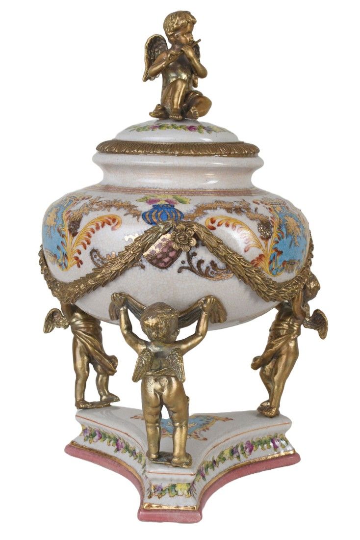 Bomboniera Craquelle din portelan cu ingerasi din bronz