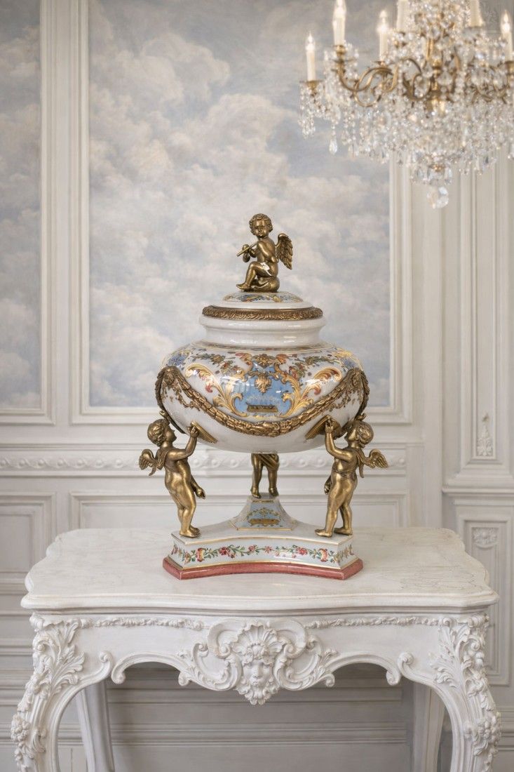 Bomboniera Craquelle din portelan cu ingerasi din bronz