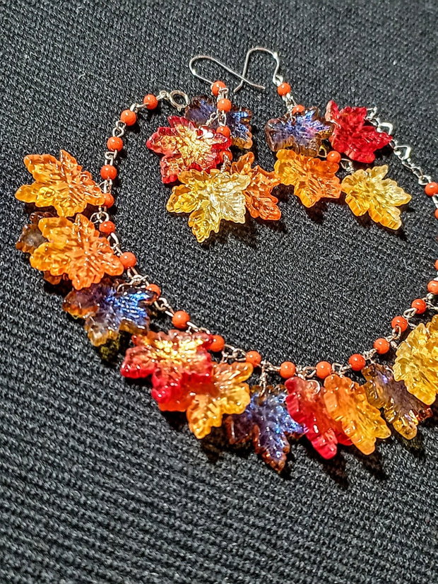 Set argint coral sticla frunze cercei bratara boho chic trendy multicolor - Transport gratuit