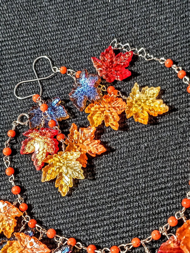 Set argint coral sticla frunze cercei bratara boho chic trendy multicolor - Transport gratuit