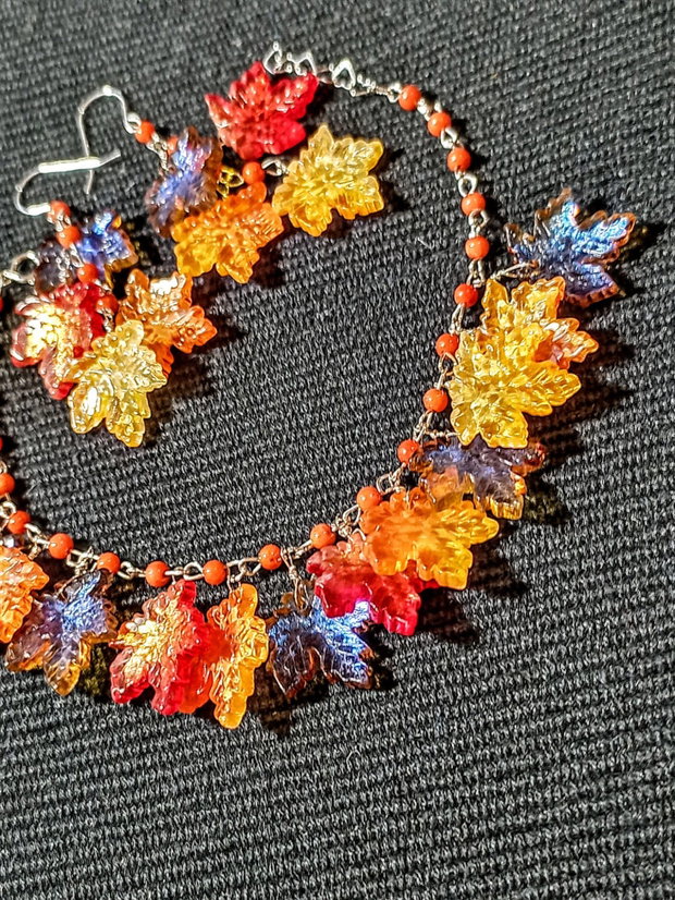 Set argint coral sticla frunze cercei bratara boho chic trendy multicolor - Transport gratuit