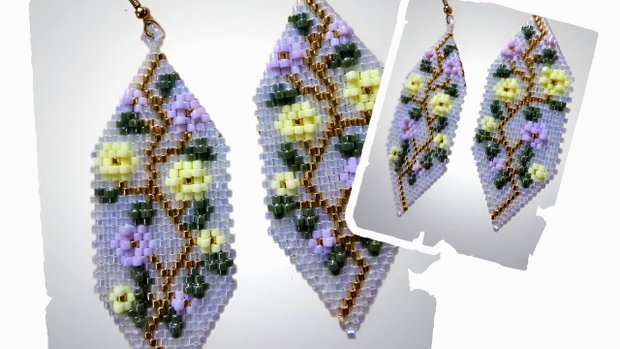 Cercei handmade Flori brodate 3D cu liană aurie
