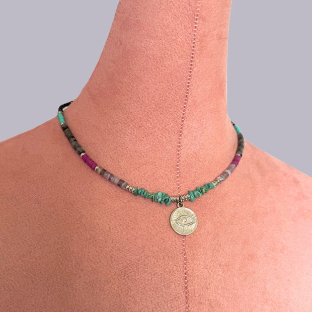 Colier colorat cu cristale si pandantiv Evil Eye - ametist, turmalina, labradorit, turcoaz