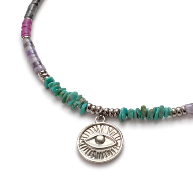 Colier colorat cu cristale si pandantiv Evil Eye - ametist, turmalina, labradorit, turcoaz