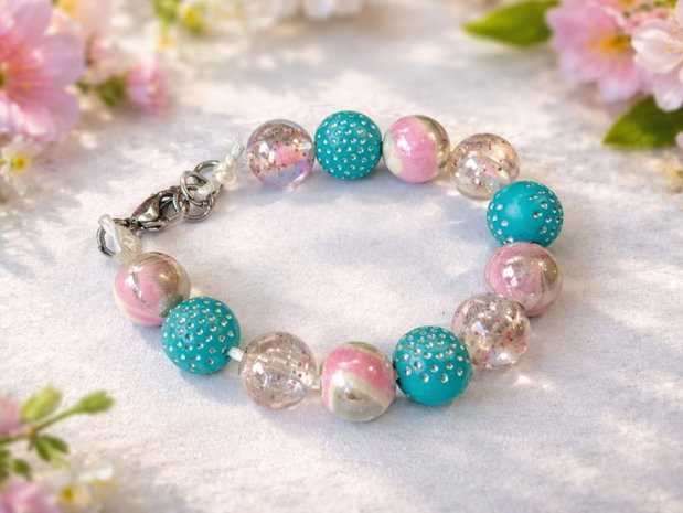 Cotton Candy Breeze - Brățară handmade roz marmorat și bleu cu mărgele decorative | Oțel inoxidabil | Mărimi copii și adulți