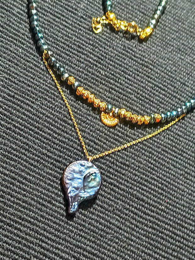 Colier argint vermeil perle naturale de cultura negre irizatii charm lant argint placat cu aur minimalist boho chic trendy
