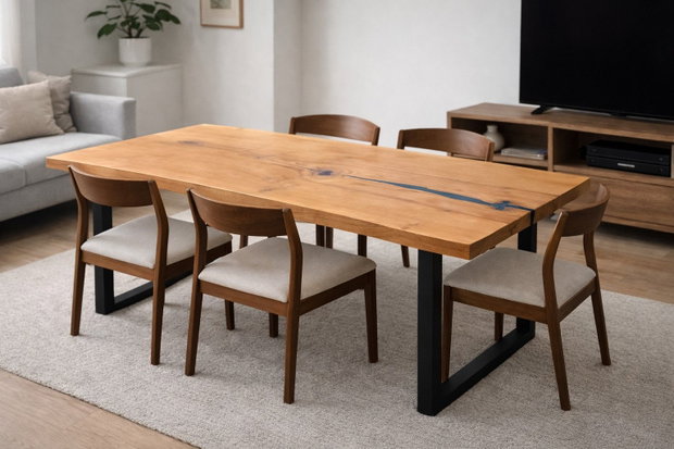 Masă dining din stejar masiv cu rășină epoxidică - live edge natural - 165x65 cm - ATP Wood