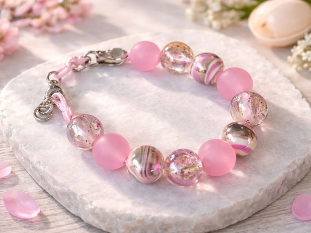 Pink Daydream - Brățară handmade roz cu mărgele decorative și inserții strălucitoare | Oțel inoxidabil | Mărimi copii și adulți