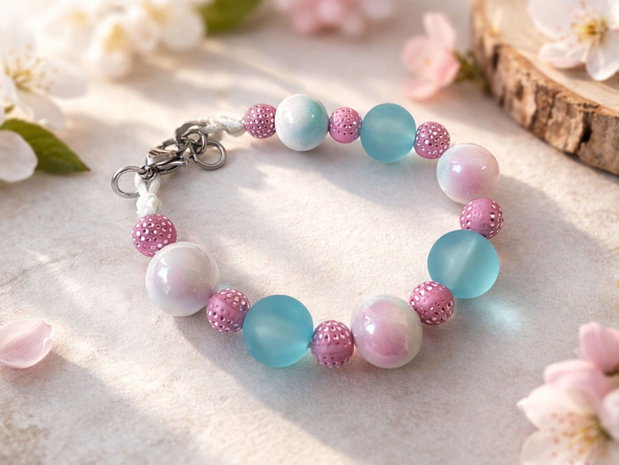 Petal Sky - Brățară handmade roz și bleu pastel cu mărgele decorative | Oțel inoxidabil | Mărimi copii și adulți