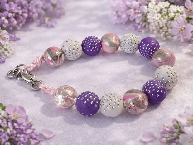 Lilac Spark - Brățară handmade mov, roz și alb cu mărgele decorative | Oțel inoxidabil | Mărimi copii și adulți