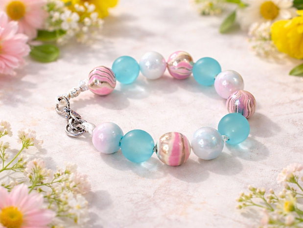Spring Sky - Brățară handmade bleu, roz și alb cu mărgele decorative | Oțel inoxidabil | Mărimi copii și adulți