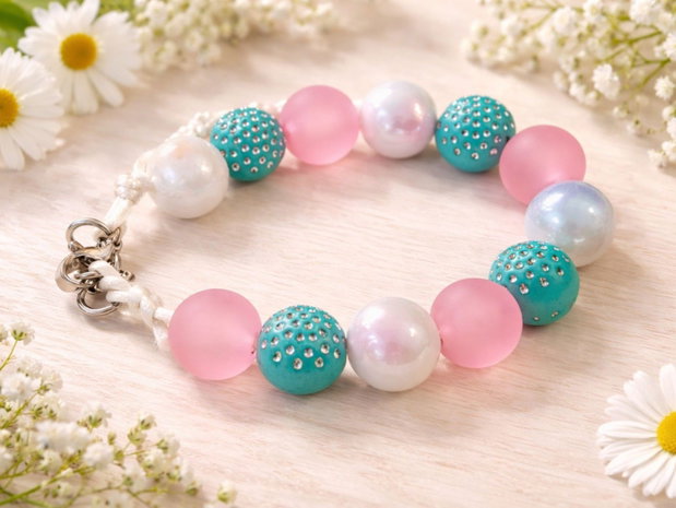 Spring Breeze - Brățară handmade albastru deschis, roz și alb sidefat cu mărgele decorative | Oțel inoxidabil | Mărimi copii și adulți