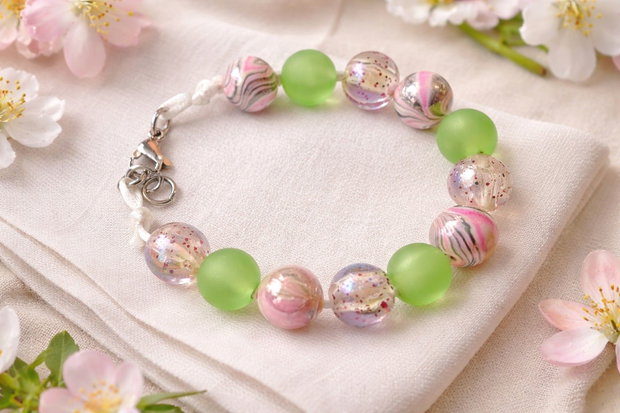 Apple Blossom - Brățară handmade verde crud, roz și transparent cu mărgele decorative | Oțel inoxidabil | Mărimi copii și adulți