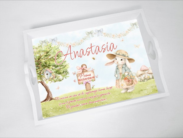 Set aniversar personalizat 1 anisor - Sweet bunny - Tavita turta si accesorii
