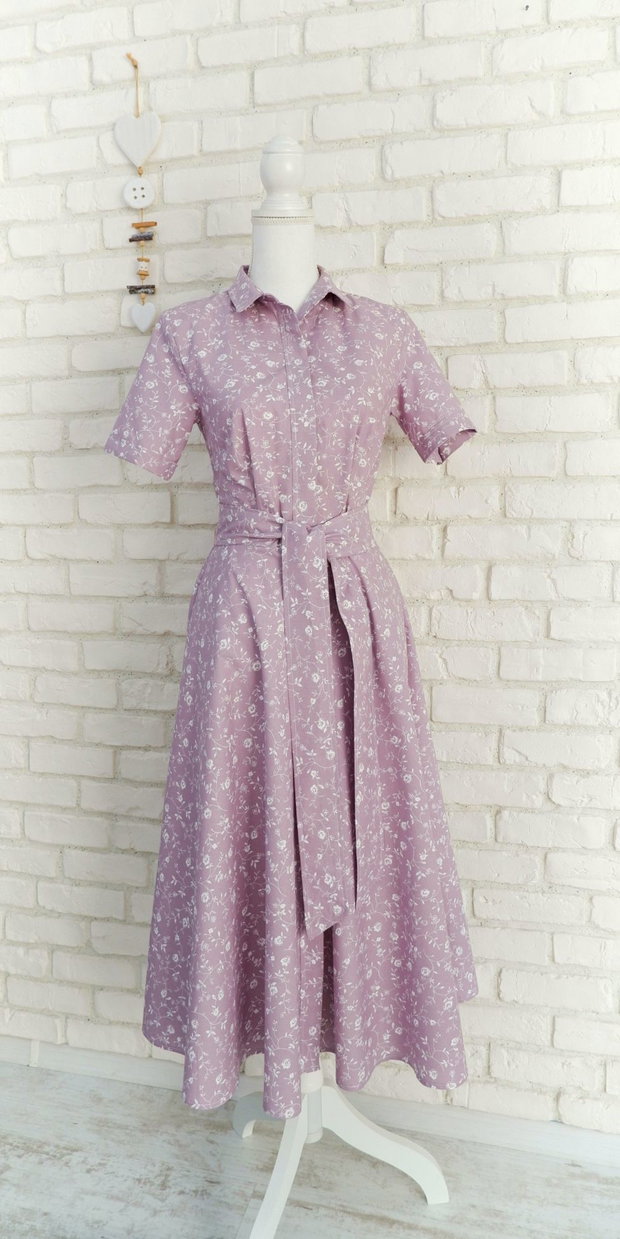 Rochie Camasa Maneca Scurta Lila cu Flori Albe