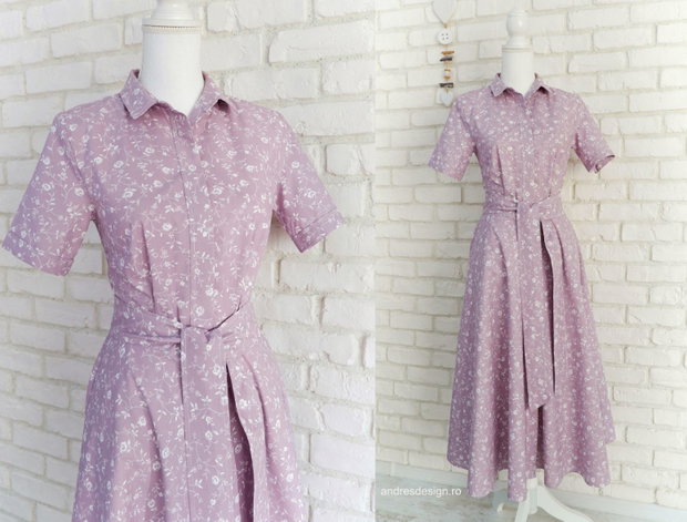 Rochie Camasa Maneca Scurta Lila cu Flori Albe