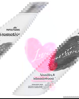 Gel de Dus 100% Vegan cu Parfum de Vanilie si Lemn de Santal - Papoutsanis Aromatics Love Vanilla &amp; Sandalwood Vegan Body Wash, 600 ml