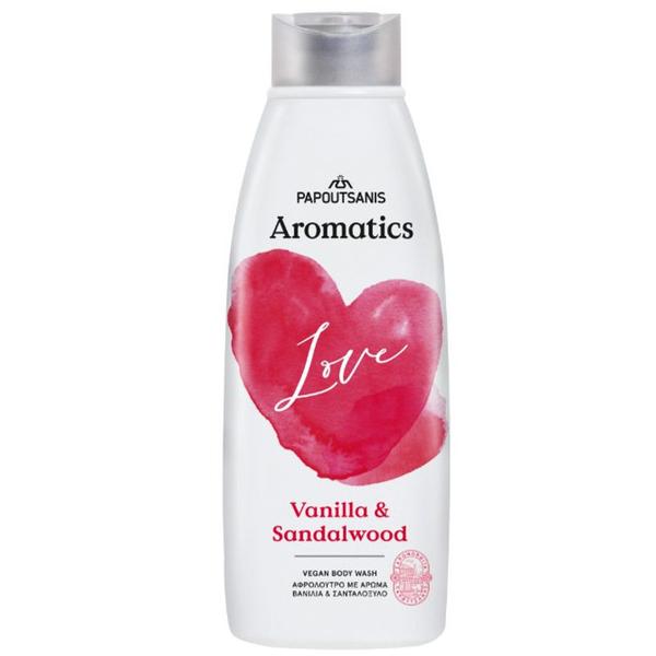 Gel de Dus 100% Vegan cu Parfum de Vanilie si Lemn de Santal - Papoutsanis Aromatics Love Vanilla &amp; Sandalwood Vegan Body Wash, 600 ml