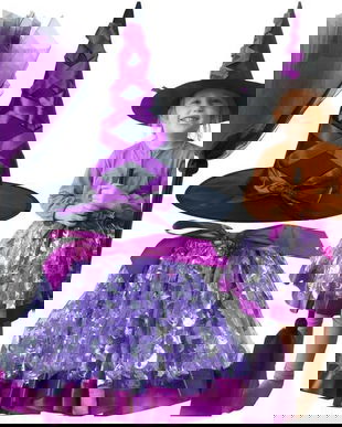 Set costumas halloween copii, micuta vrajitoare, 3 piese, fustita, palarie si matura, 3 ani +, negru cu  mov