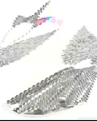 Costum Unicorn 3 piese, bentita aripi si fustita, argintiu