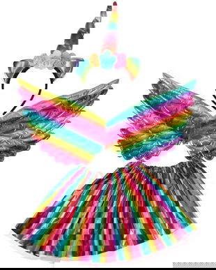 Costum Unicorn 3 piese, bentita aripi si fustita, curcubeu