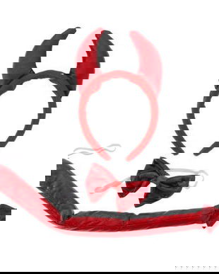 Set accesorii dracusor, bentita cu coarne papion si codita din satin rosu