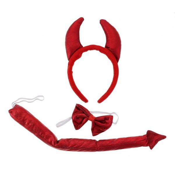 Set accesorii dracusor, bentita cu coarne papion si codita din satin rosu