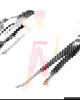 Costum carnaval Pirat pentru copii cu pantaloni, camasa, vesta, curea si bandana marime 110/120 cm ( 5-6 ani)