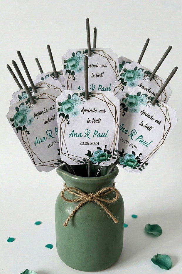 Etichete personalizate pentru artificii nuntă, model floral verde