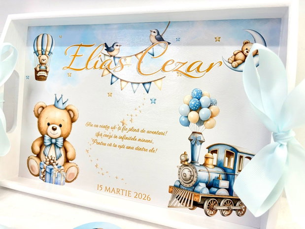 Set aniversar personalizat 1 anisor - Baby blue bear - Tavita mot si accesorii