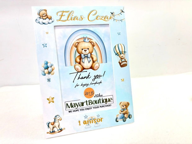 Set aniversar personalizat 1 anisor - Baby blue bear - Tavita mot si accesorii