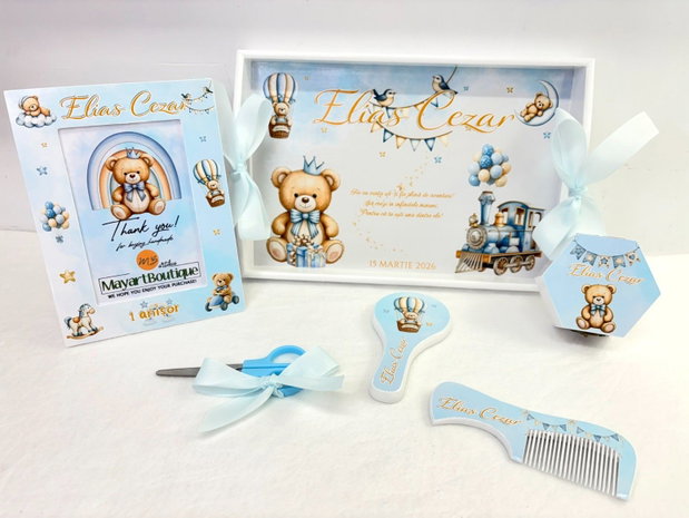 Set aniversar personalizat 1 anisor - Baby blue bear - Tavita mot si accesorii