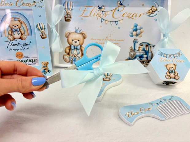 Set aniversar personalizat 1 anisor - Baby blue bear - Tavita mot si accesorii